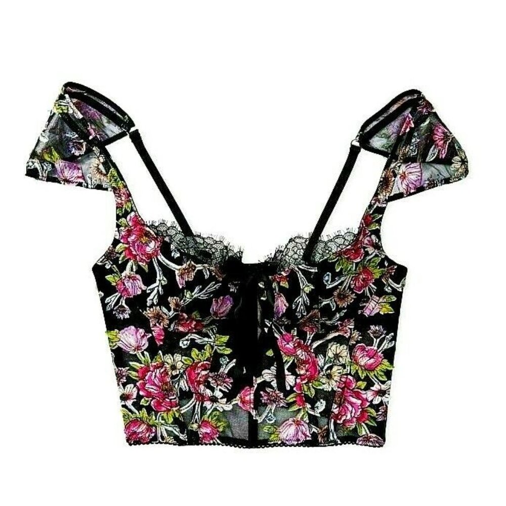 36C VICTORIA'S SECRET Dream Angels Unlined Bra Top Black Pink Floral Embroidered - Picture 4 of 8